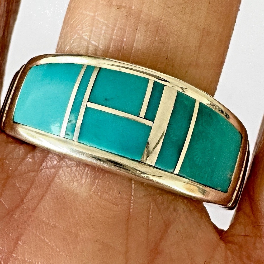 Mens Navajo Wedding Band 12 Ring Turquoise 9mm‎ Inlay Signed Tolino Native